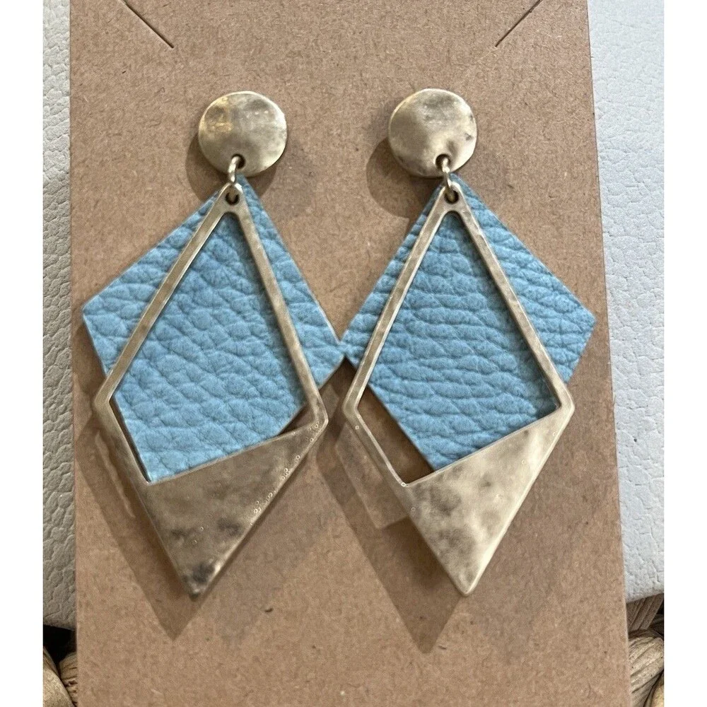 Vintage Hammered Gold-Tone & Leather Dangle Earrings Retro 1980s Punk 2.25in